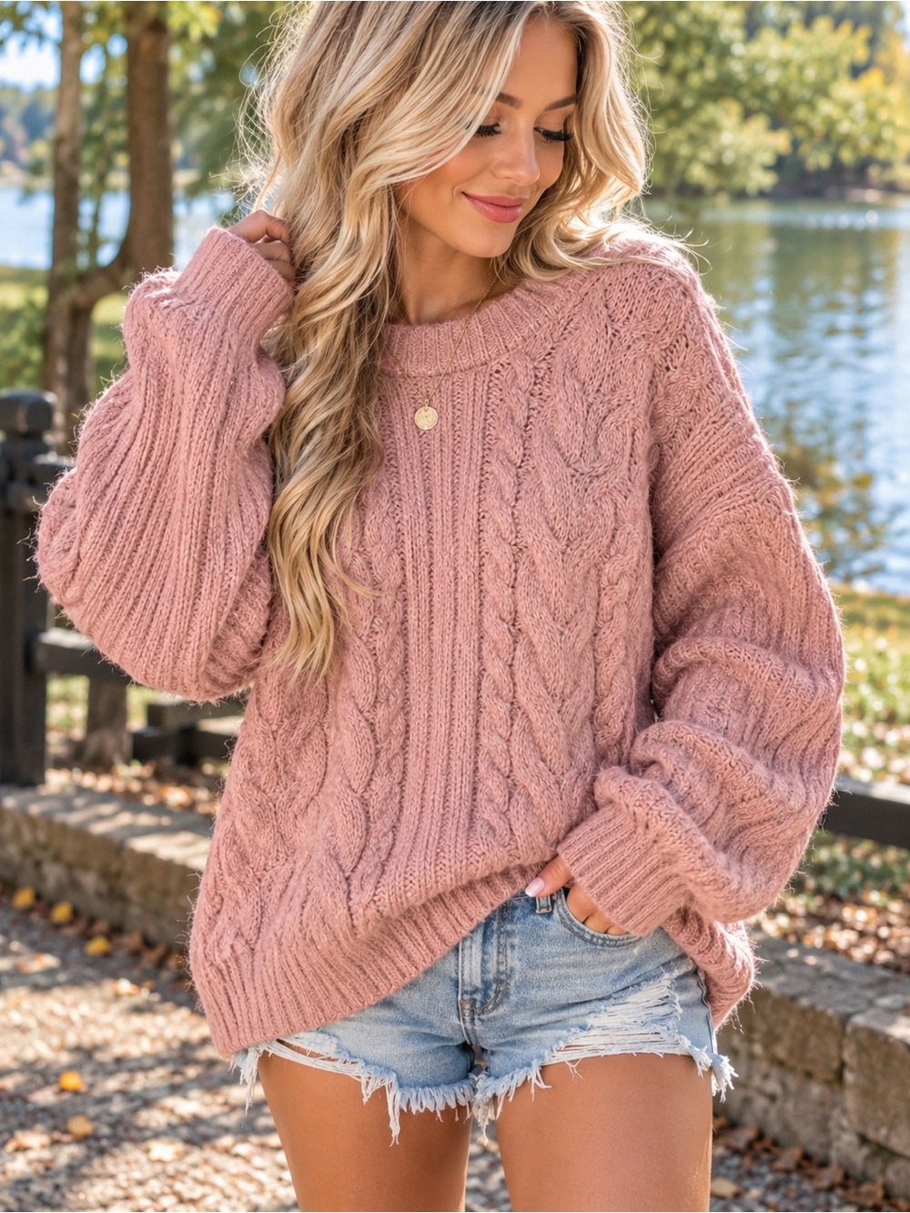 a new day Dusty Rose Cable Knit Crewneck Sweater